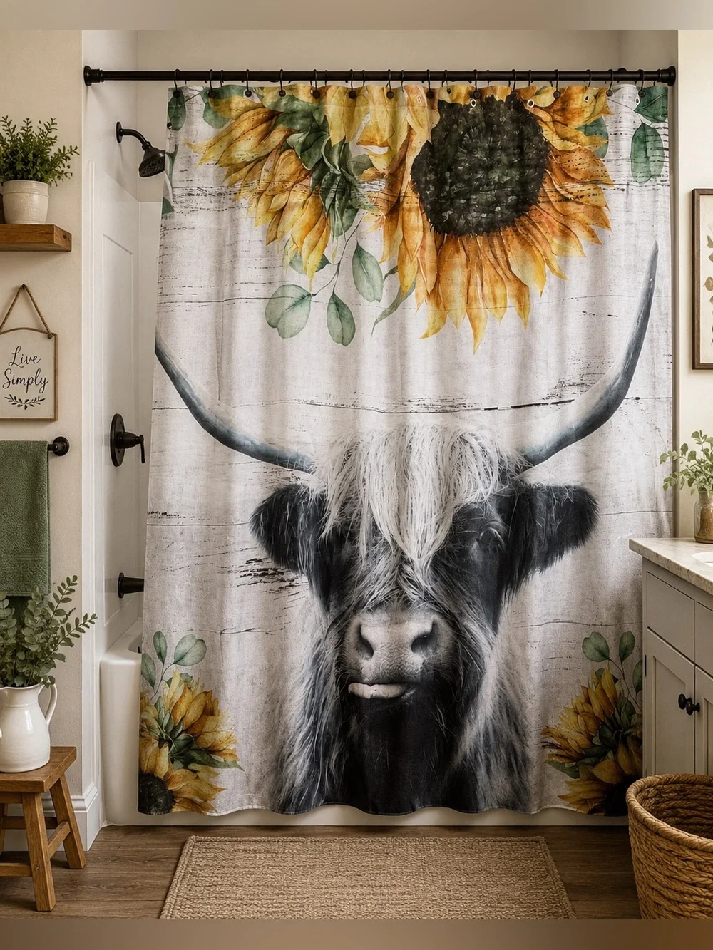 Highland Cow Sunflower Shower Curtain 70” x 70” | Farmhouse Bathroom Decor